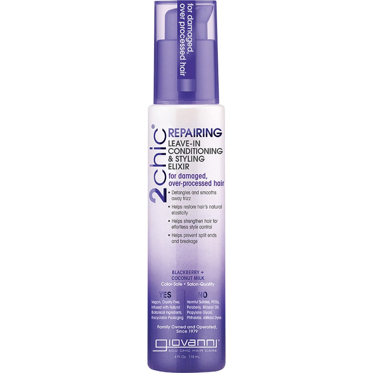 Giovanni 118ml leave-in conditioner bottle with blackberry and coconut milk for repairing damaged hair.