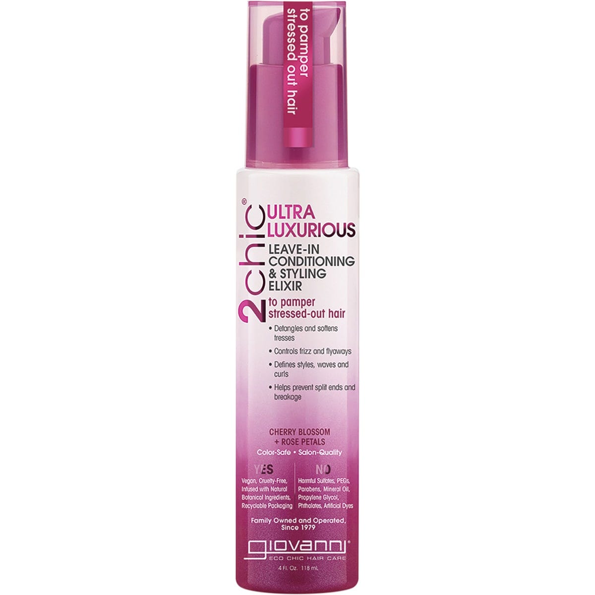 118ml bottle of Giovanni 2chic Ultra-Luxurious Leave-in Conditioner with cherry blossom and rose petal illustrations.