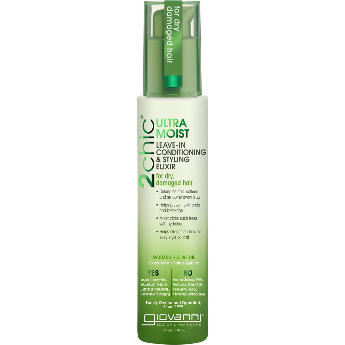 Giovanni 2chic Ultra-Moist Leave-in Conditioner 118ml spray bottle with avocado and olive oil for dry, damaged hair.