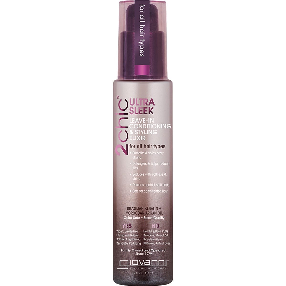 118ml bottle of Giovanni 2chic Ultra-Sleek Leave-In Conditioner with Brazilian Keratin and Moroccan Argan Oil.