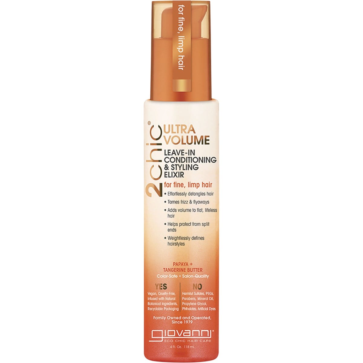 Giovanni 2chic Ultra-Volume Leave-In Elixir 118ml with Tangerine and Papaya Butter for fine, limp hair.
