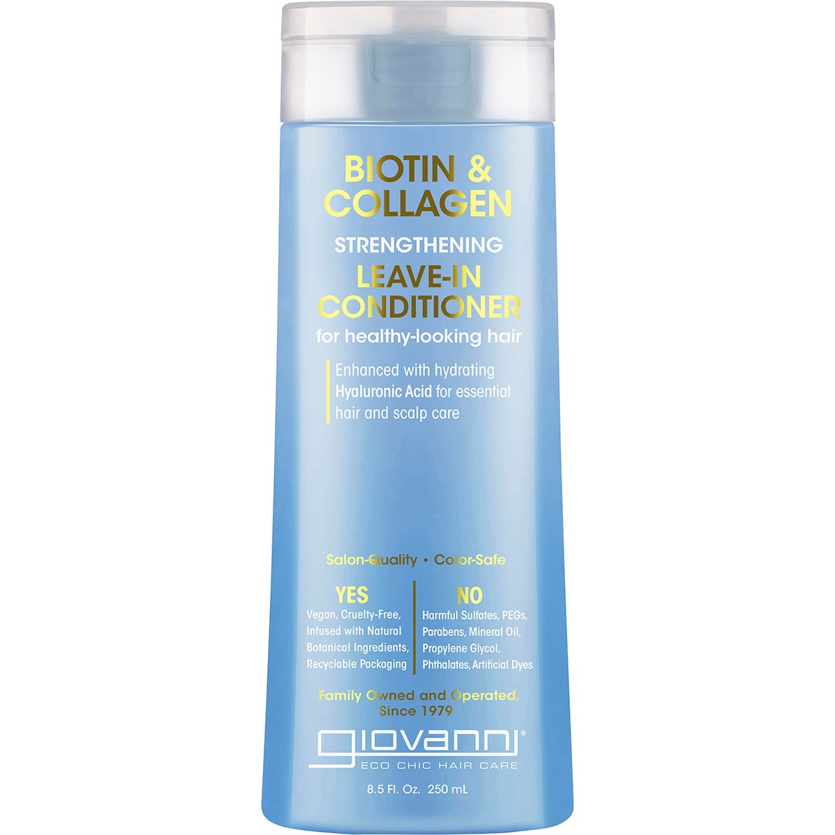 250ml bottle of Giovanni Biotin and Collagen Strengthening Leave-in Conditioner with a white label and purple accents.