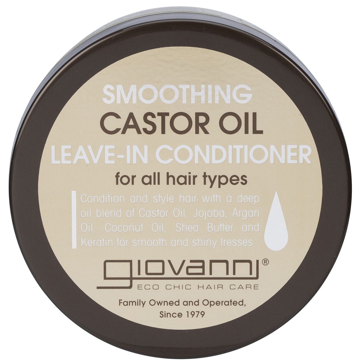 Back of Giovanni 340ml Castor Oil leave-in conditioner jar showing ingredients, directions, and product benefits.