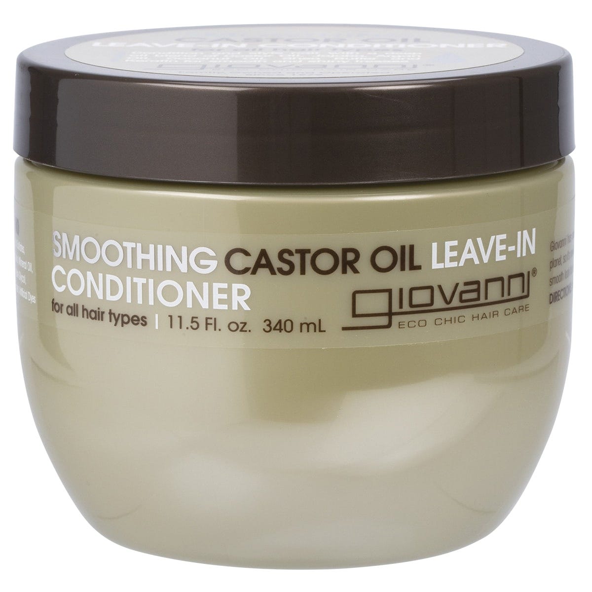 Giovanni 340ml smoothing castor oil leave-in conditioner jar with a black lid and yellow label on a white background.