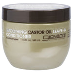 Giovanni 340ml smoothing castor oil leave-in conditioner jar with a black lid and yellow label on a white background.