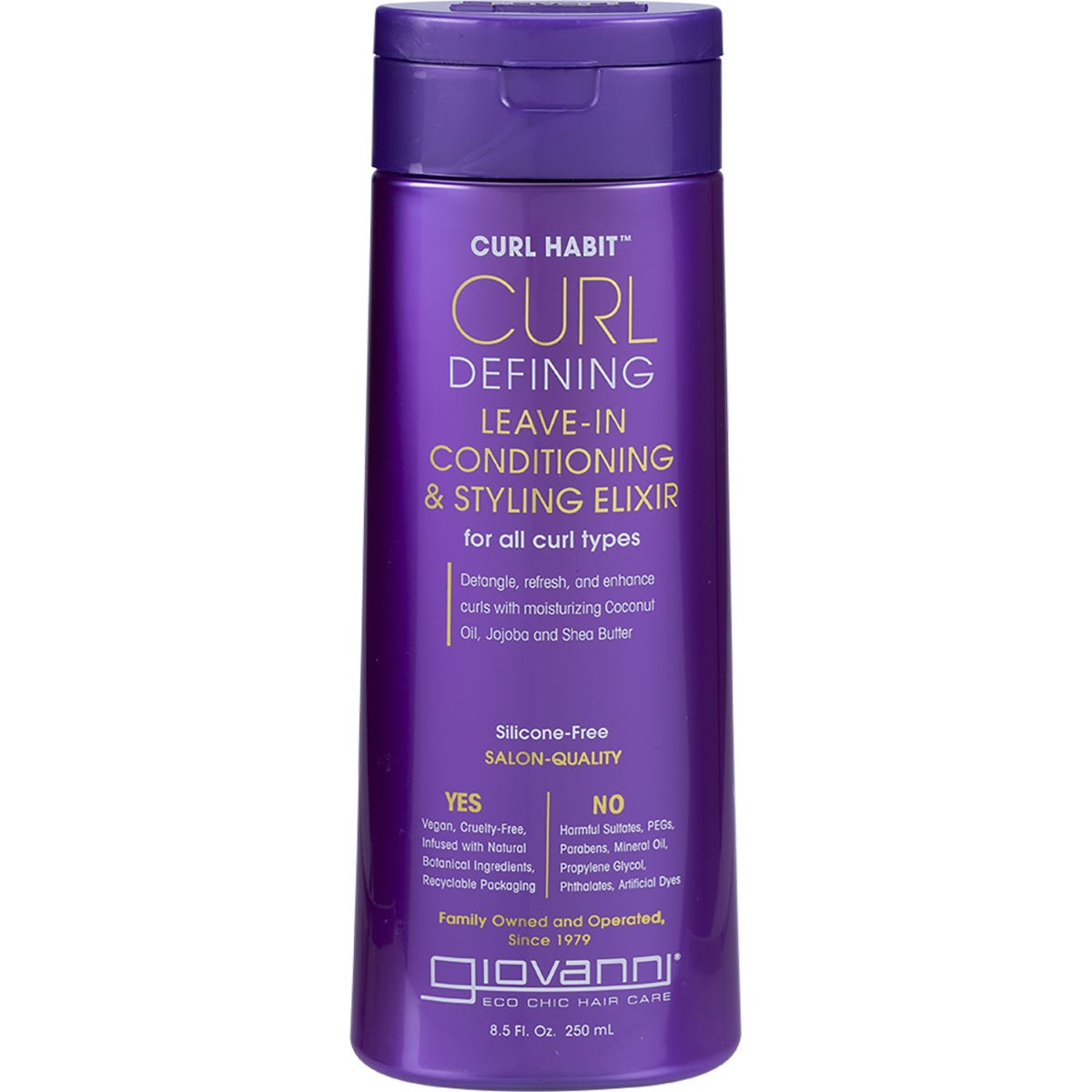 Giovanni Curl Habit 250ml leave-in conditioner bottle with a pink and white label for defining curls and waves.