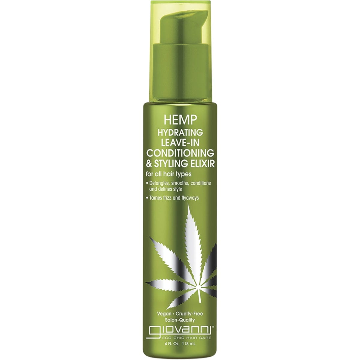 Giovanni 118ml Hemp Hydrating Leave-In Conditioner bottle with a green leaf design on a white background.
