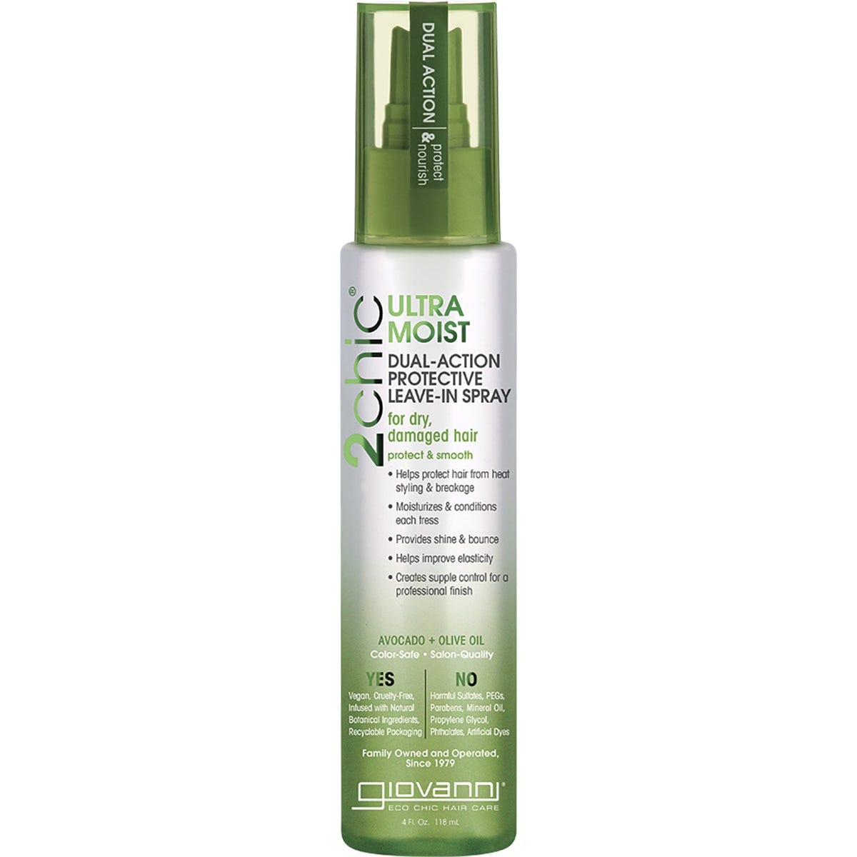 118ml bottle of Giovanni 2chic Ultra-Moist Leave-in Spray with avocado and olive oil on a white background.