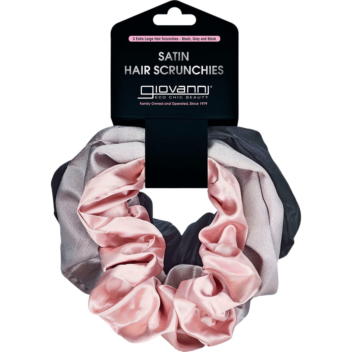 Three extra large Giovanni satin hair scrunchies in blush, grey, and black on a white background.