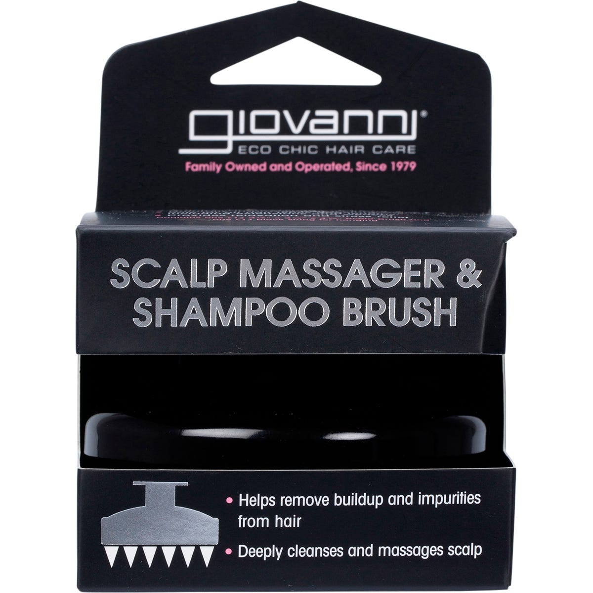Black Giovanni scalp massager and shampoo brush with a circular handle and soft grey silicone bristles.
