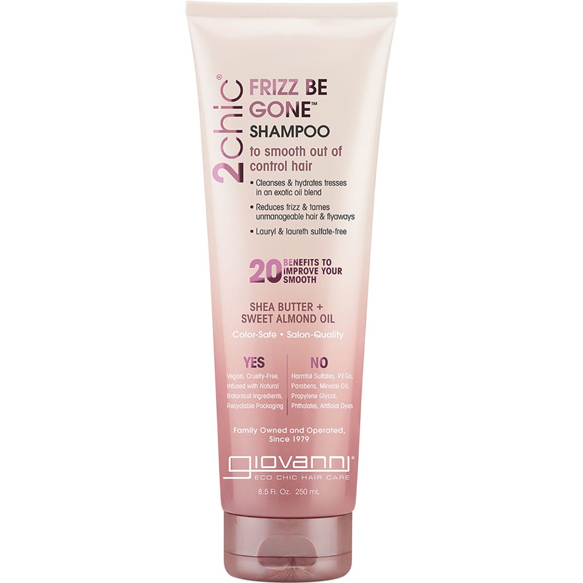 250ml bottle of Giovanni 2chic Frizz Be Gone Shampoo with shea butter and sweet almond oil on a white background.