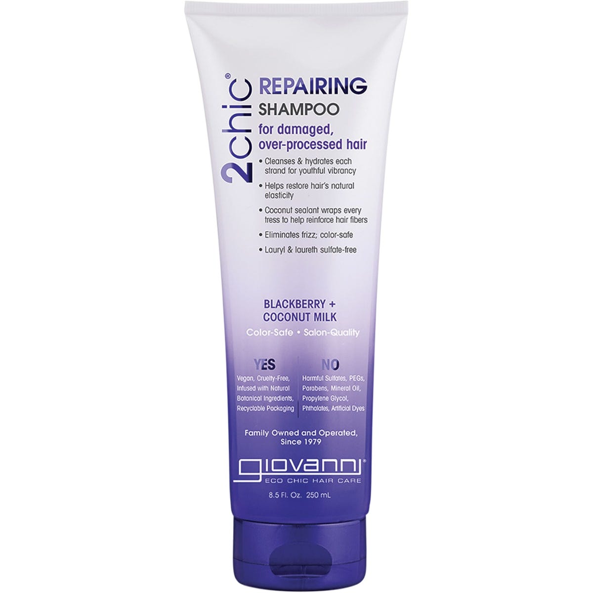 250ml bottle of Giovanni 2chic Repairing Shampoo with blackberry and coconut milk for damaged hair.