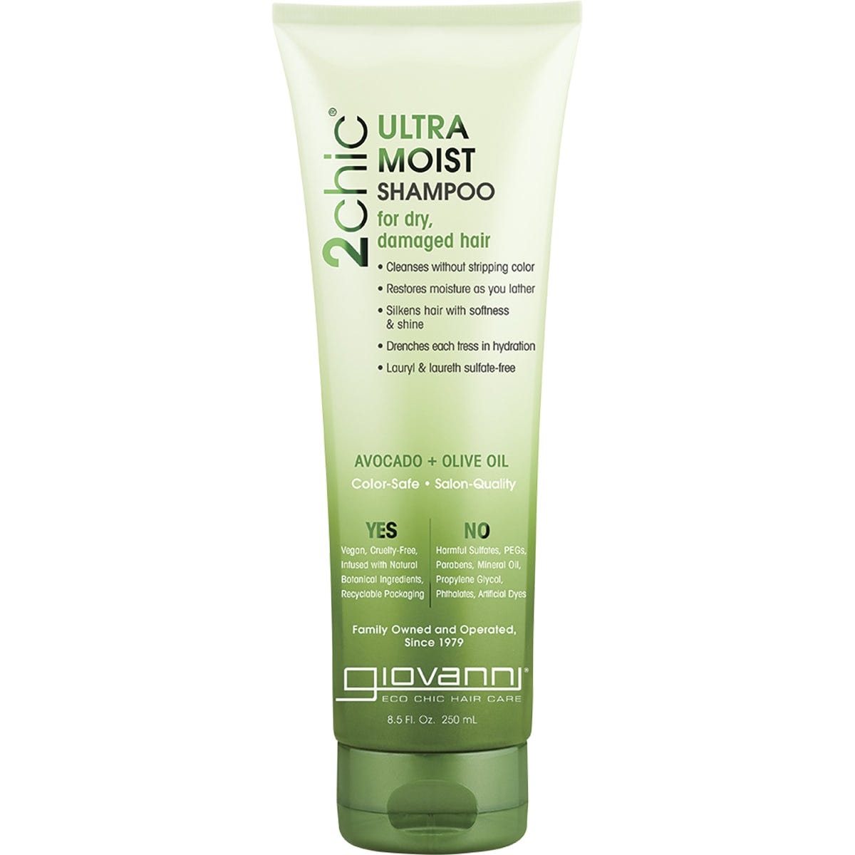 250ml bottle of Giovanni 2chic Ultra-Moist Shampoo with Avocado and Olive Oil for dry, damaged hair.