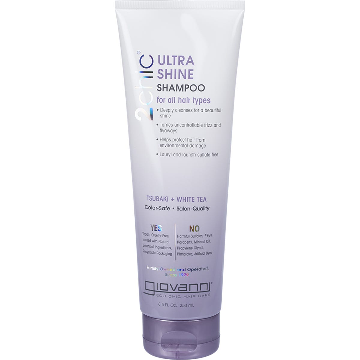 250ml bottle of Giovanni 2chic Ultra-Shine Shampoo with Tsubaki and White Tea for all hair types.