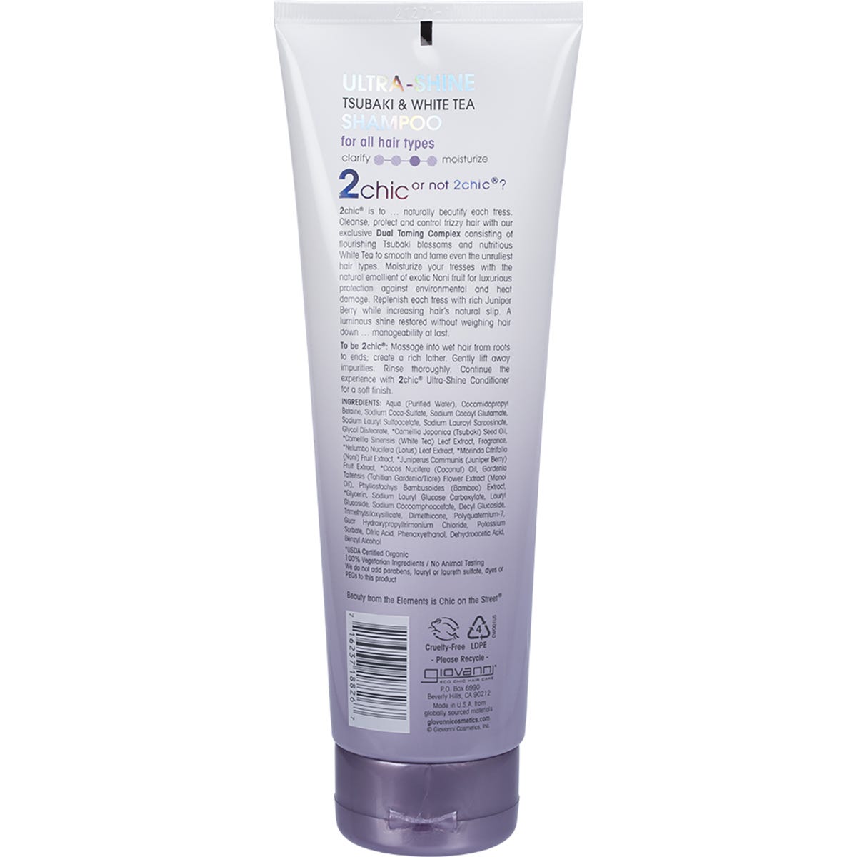250ml bottle of Giovanni 2chic Ultra-Shine Shampoo with Tsubaki and White Tea on a white background.