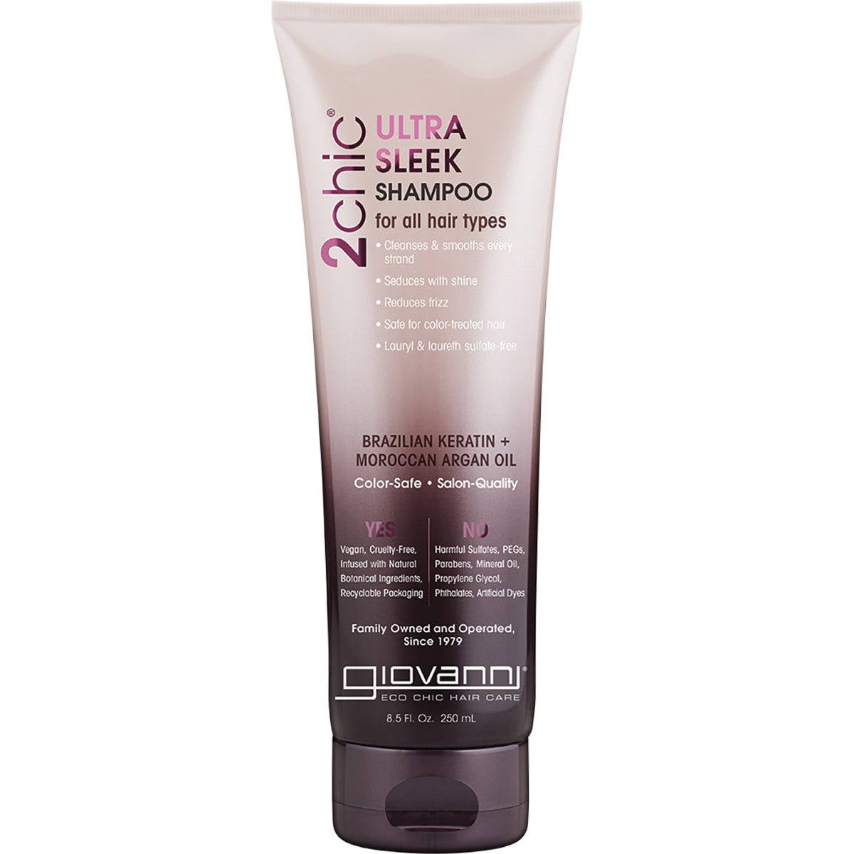 250ml bottle of Giovanni 2chic Ultra-Sleek Shampoo with Brazilian Keratin and Argan Oil on a white background.