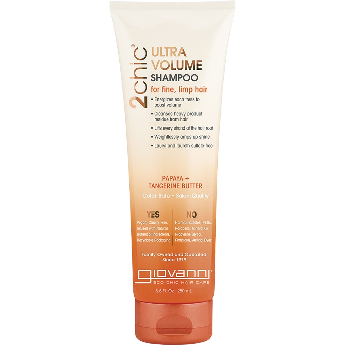 250ml bottle of Giovanni 2chic Ultra-Volume Shampoo with tangerine and papaya butter for fine, limp hair.