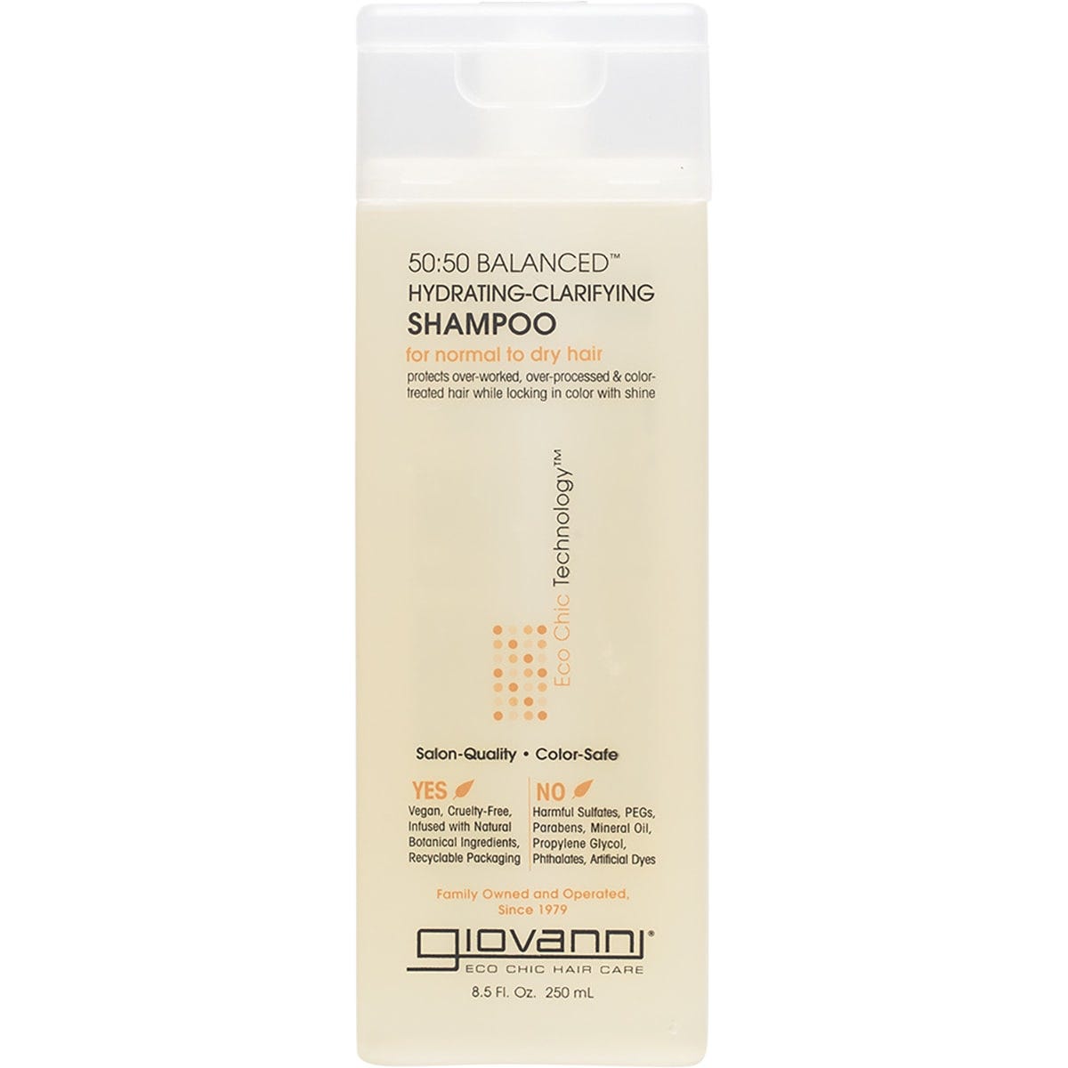 250ml bottle of Giovanni 50:50 Balanced Hydrating-Clarifying Shampoo for normal to dry hair on a white background.