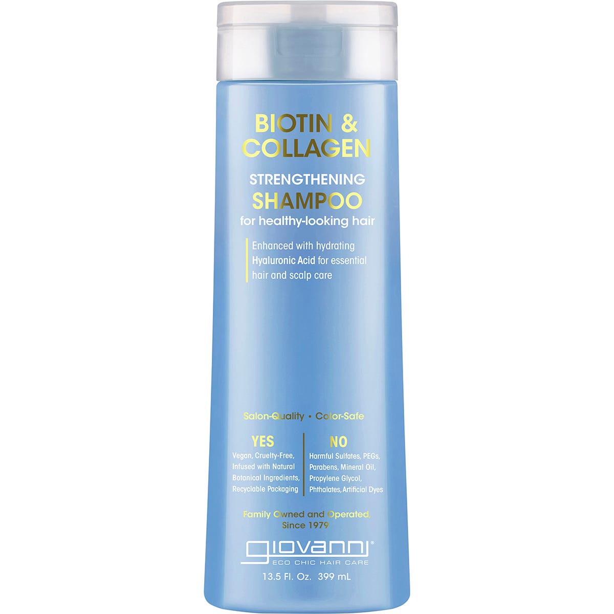 Giovanni Biotin and Collagen Strengthening Shampoo 399ml bottle with purple accents and botanical illustrations.