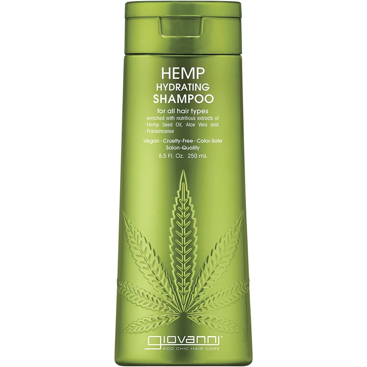250ml bottle of Giovanni Hemp Hydrating Shampoo with a green and white label on a white background.