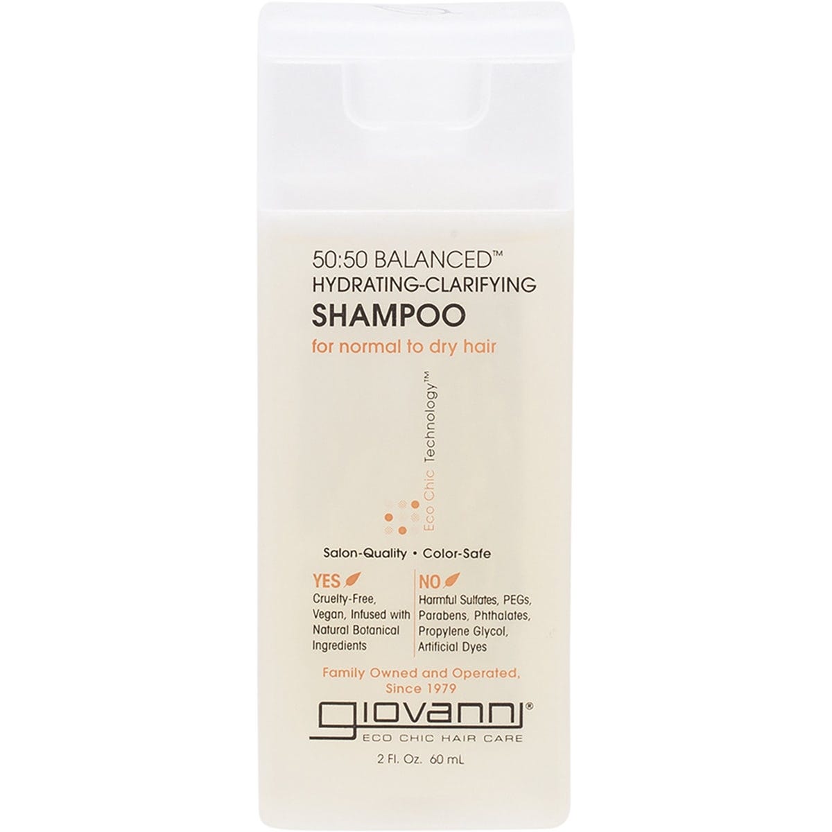 Giovanni 60ml travel size 50:50 Balanced Hydrating-Clarifying Shampoo bottle for normal to dry hair.
