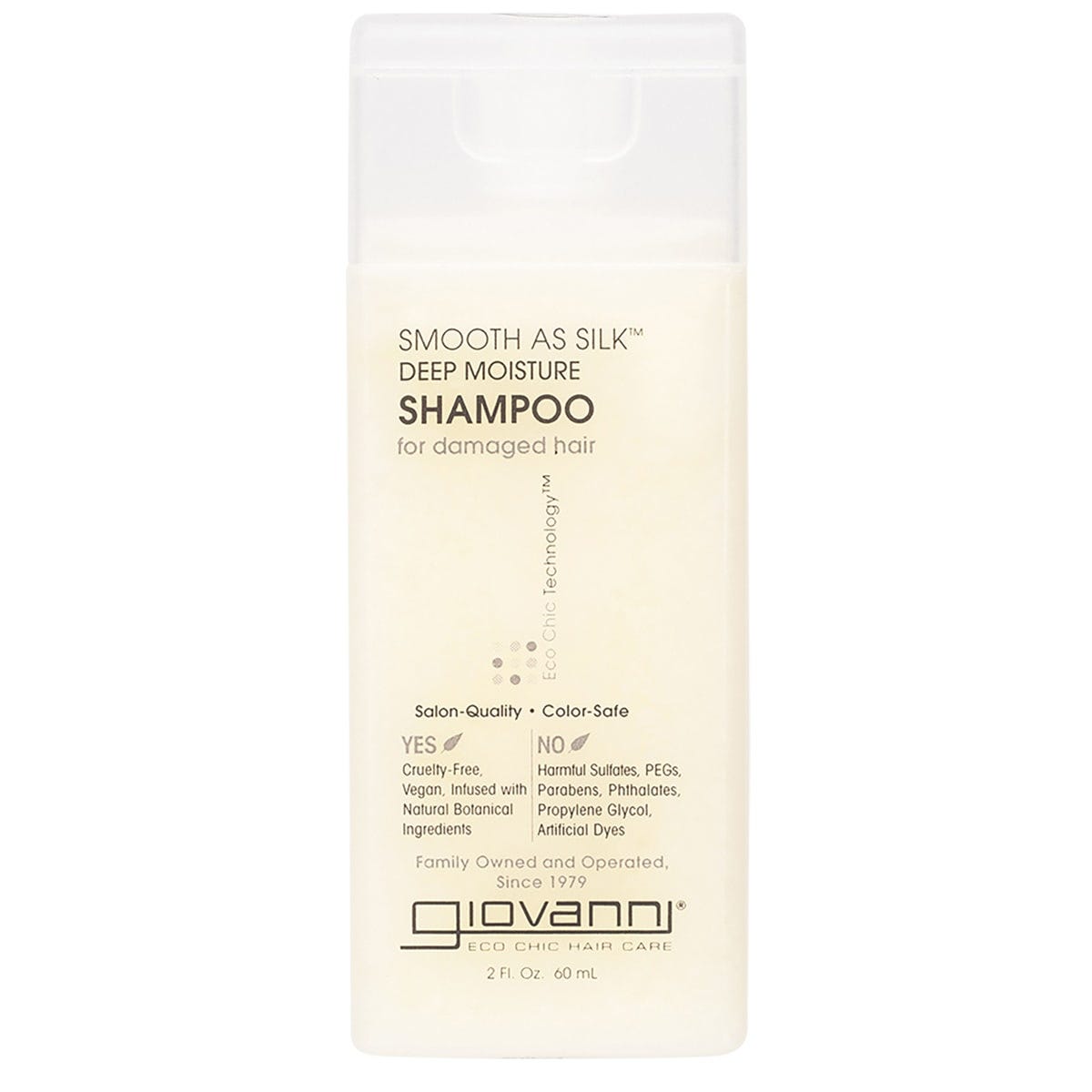 60ml bottle of Giovanni Smooth As Silk Deep Moisture Shampoo for damaged hair with a pearlized formula.