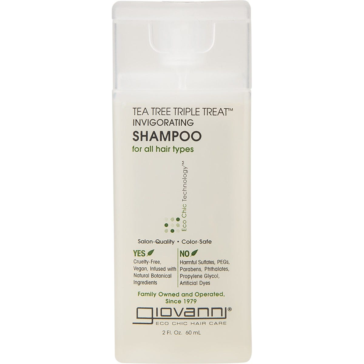 60ml mini bottle of Giovanni Tea Tree Triple Treat Invigorating Shampoo with a white cap on a white background.