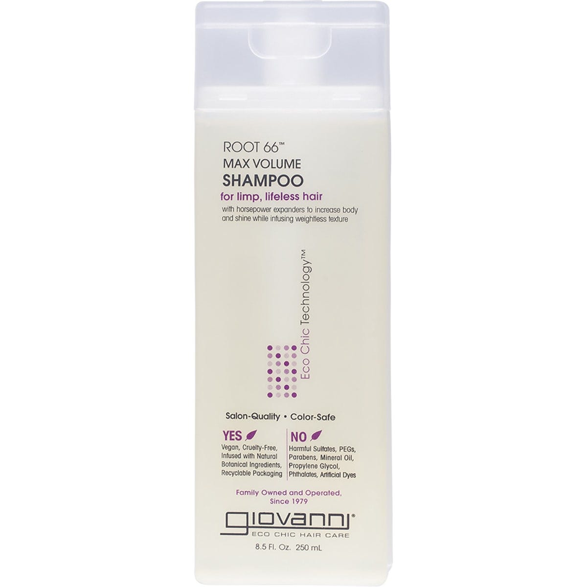Giovanni Shampoo Root 66 Max Volume 250ml bottle for limp hair, featuring a clear container and silver flip-top lid.