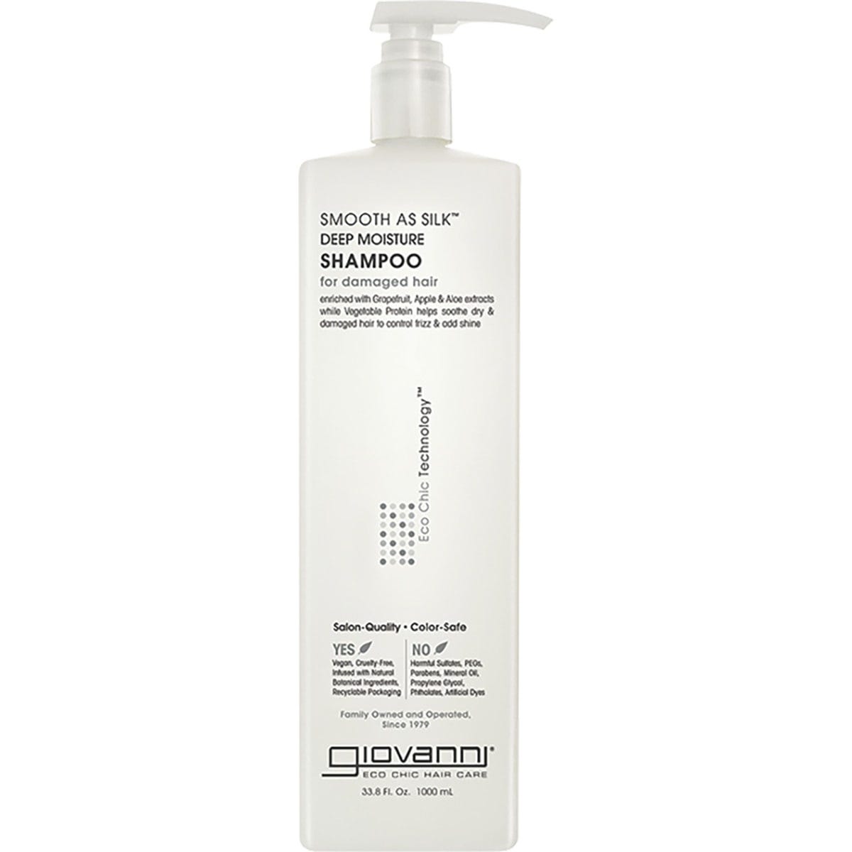 1L bottle of Giovanni Smooth As Silk Deep Moisture Shampoo for damaged hair, featuring a white and tan minimalist label.
