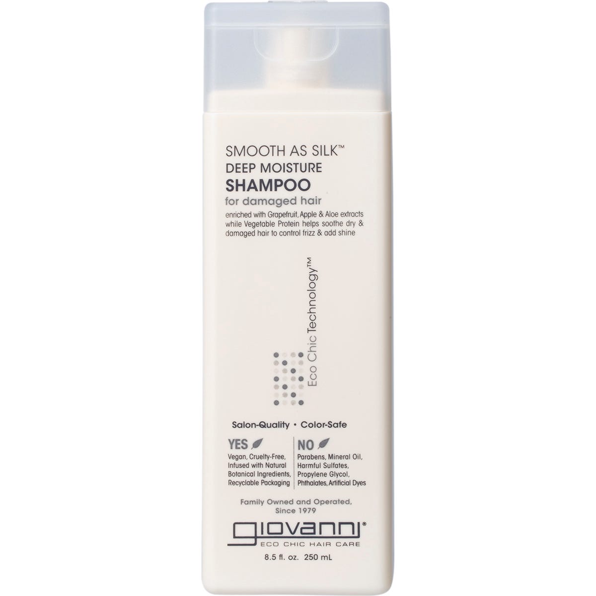 250ml bottle of Giovanni Smooth As Silk Deep Moisture Shampoo for damaged hair with a pearlized formula.