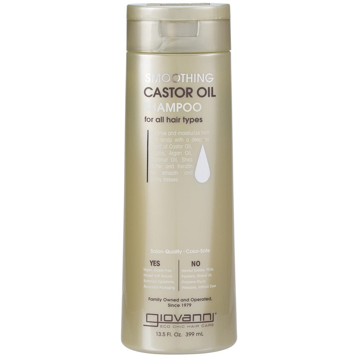 399ml bottle of Giovanni Smoothing Castor Oil Shampoo for all hair types, featuring a tan label and black cap.