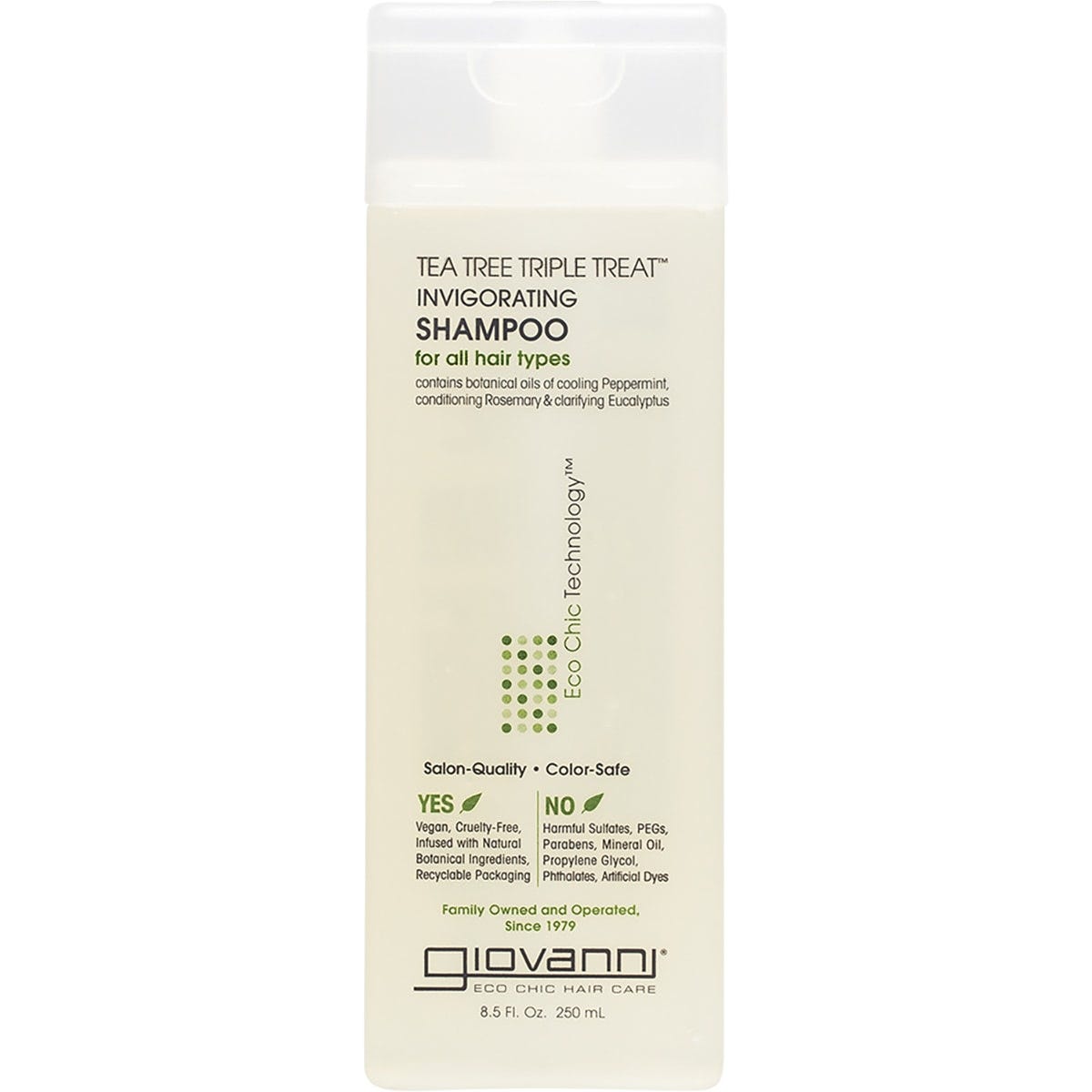 Giovanni Tea Tree Triple Treat Shampoo in a 250ml clear bottle with a black flip-top lid and green botanical graphics.