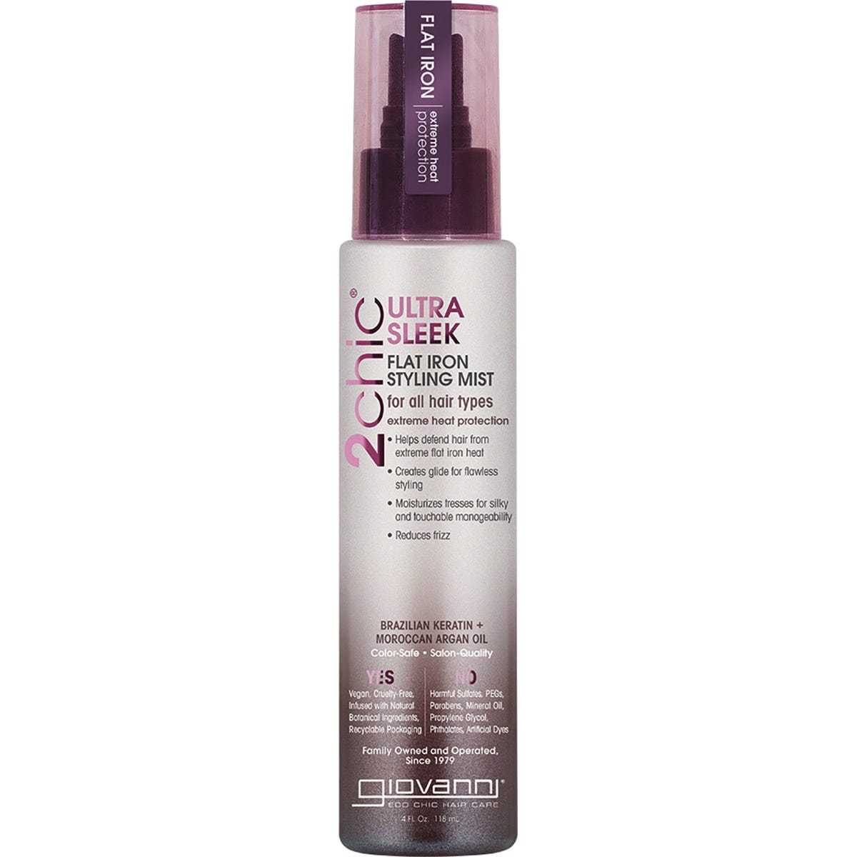 Giovanni 2chic Ultra-Sleek Flat Iron Styling Mist 118ml with Brazilian Keratin and Argan Oil on a white background.