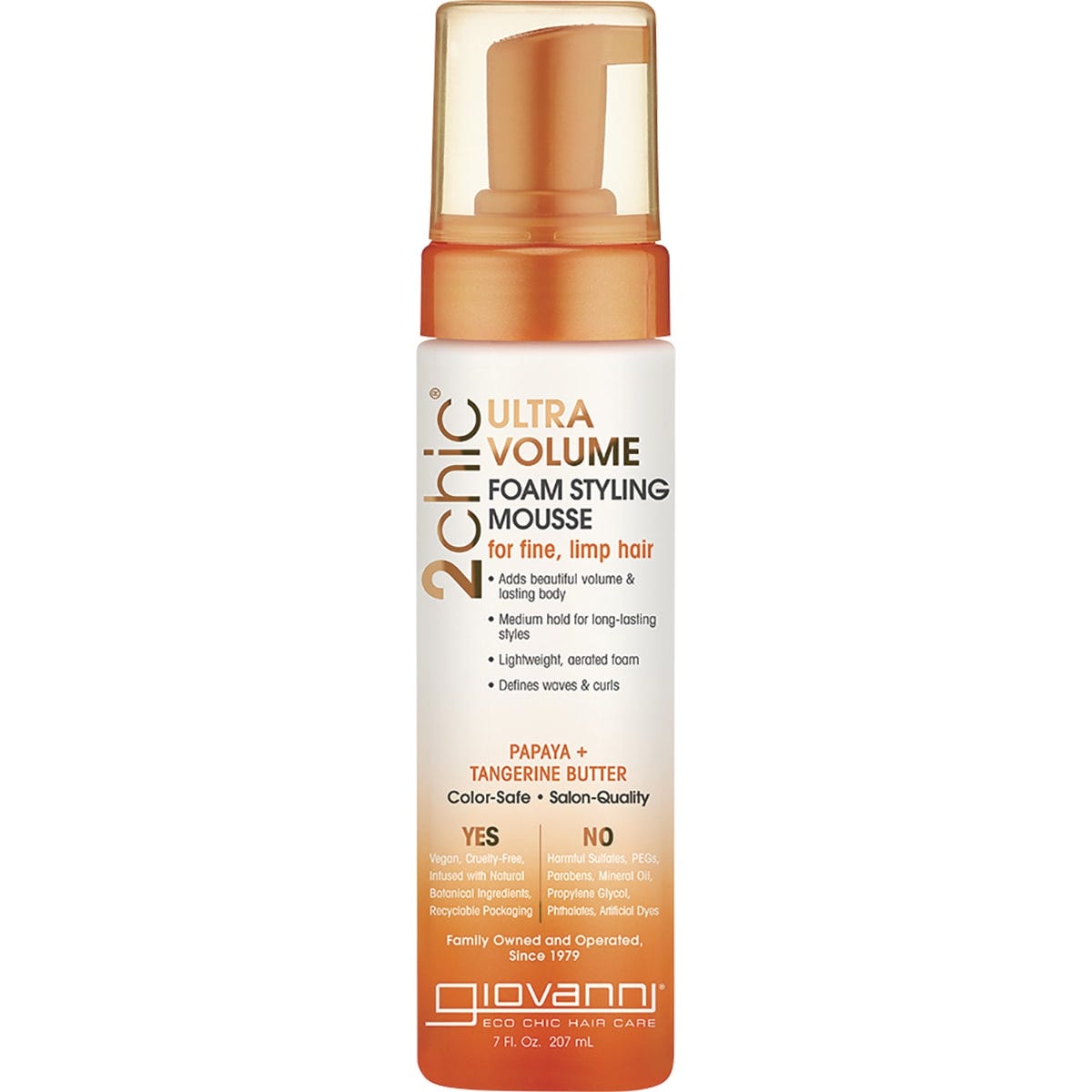 Giovanni 2chic Ultra-Volume foam styling mousse with tangerine and papaya butter for fine, limp hair in a 207ml bottle.