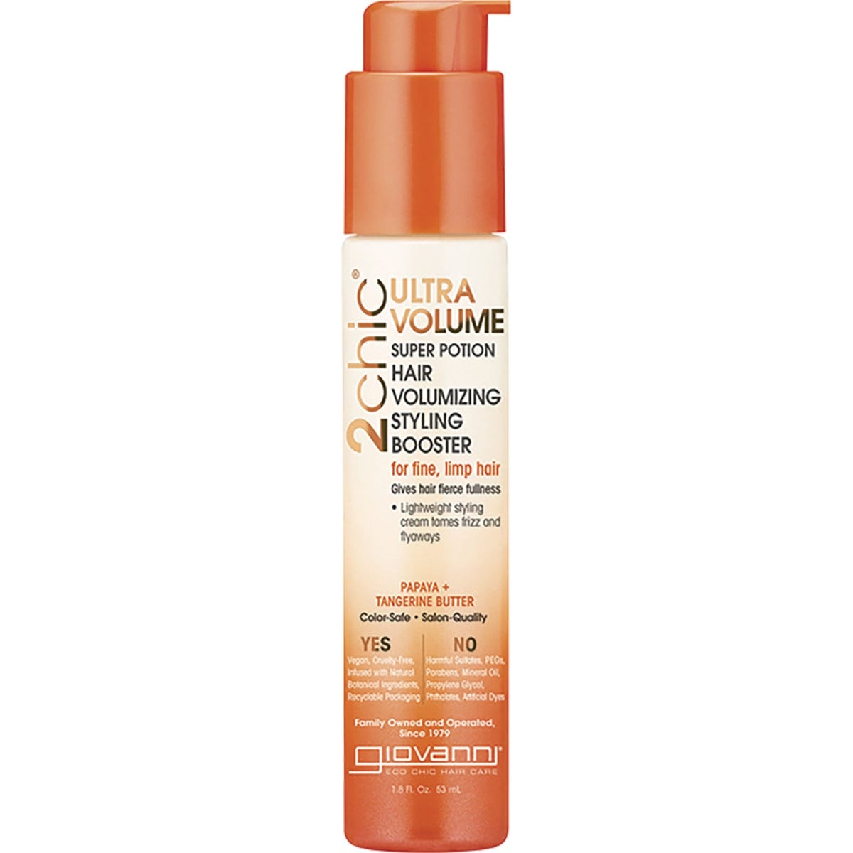 53ml bottle of Giovanni 2chic Ultra-Volume Super Potion with Tangerine and Papaya Butter for fine, limp hair.