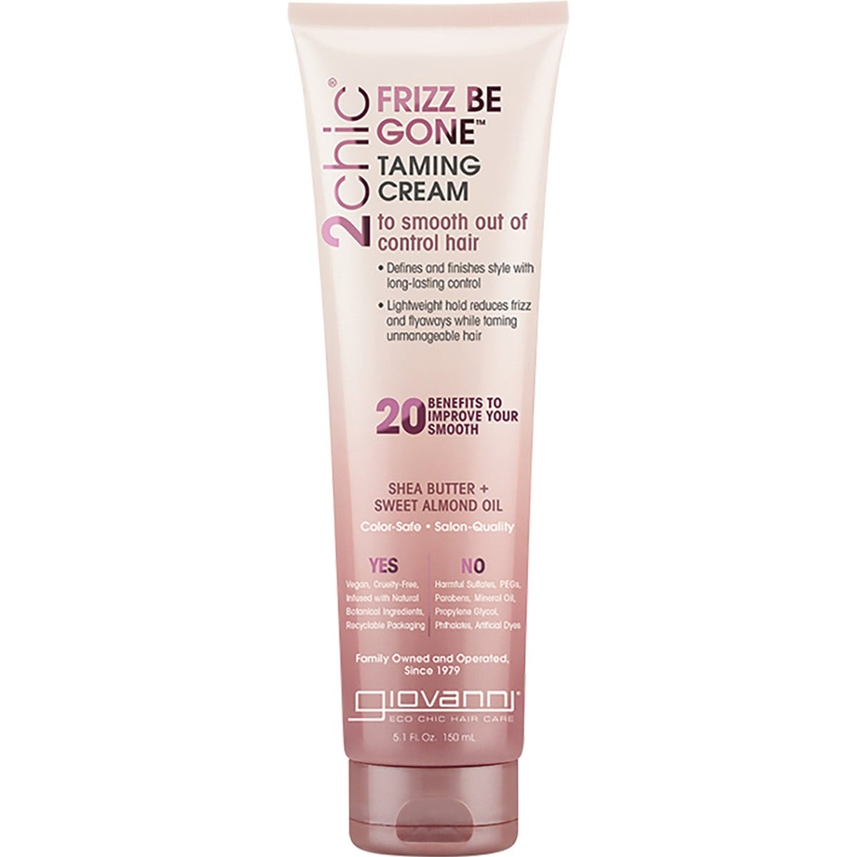 Giovanni 2chic Frizz Be Gone Taming Cream 150ml bottle with shea butter and sweet almond oil.