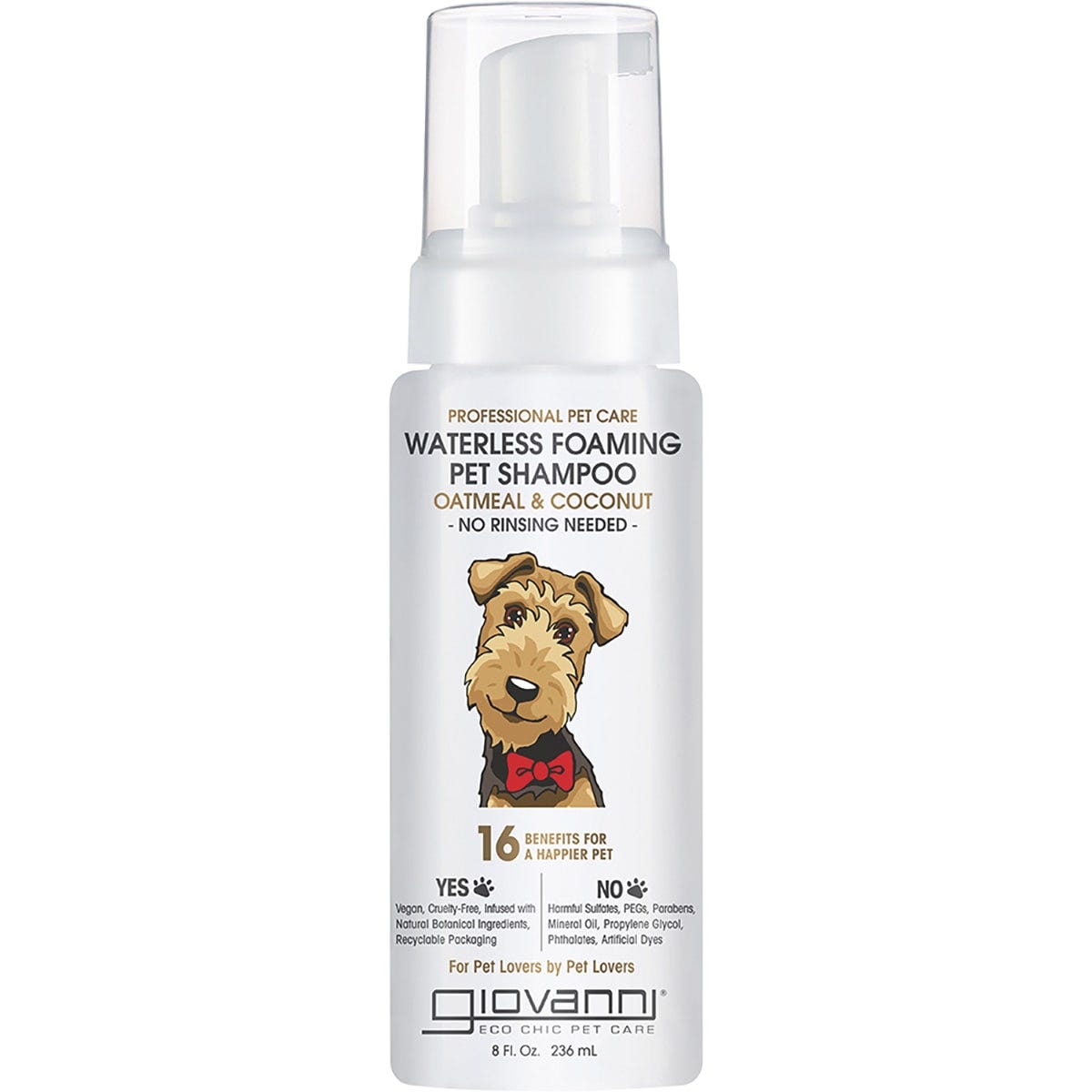 236ml bottle of Giovanni Professional Waterless Foaming Pet Shampoo with oatmeal and coconut on a white background.