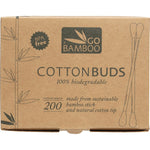 Pack of 200 Go Bamboo biodegradable cotton buds in a brown cardboard box with a panda illustration.