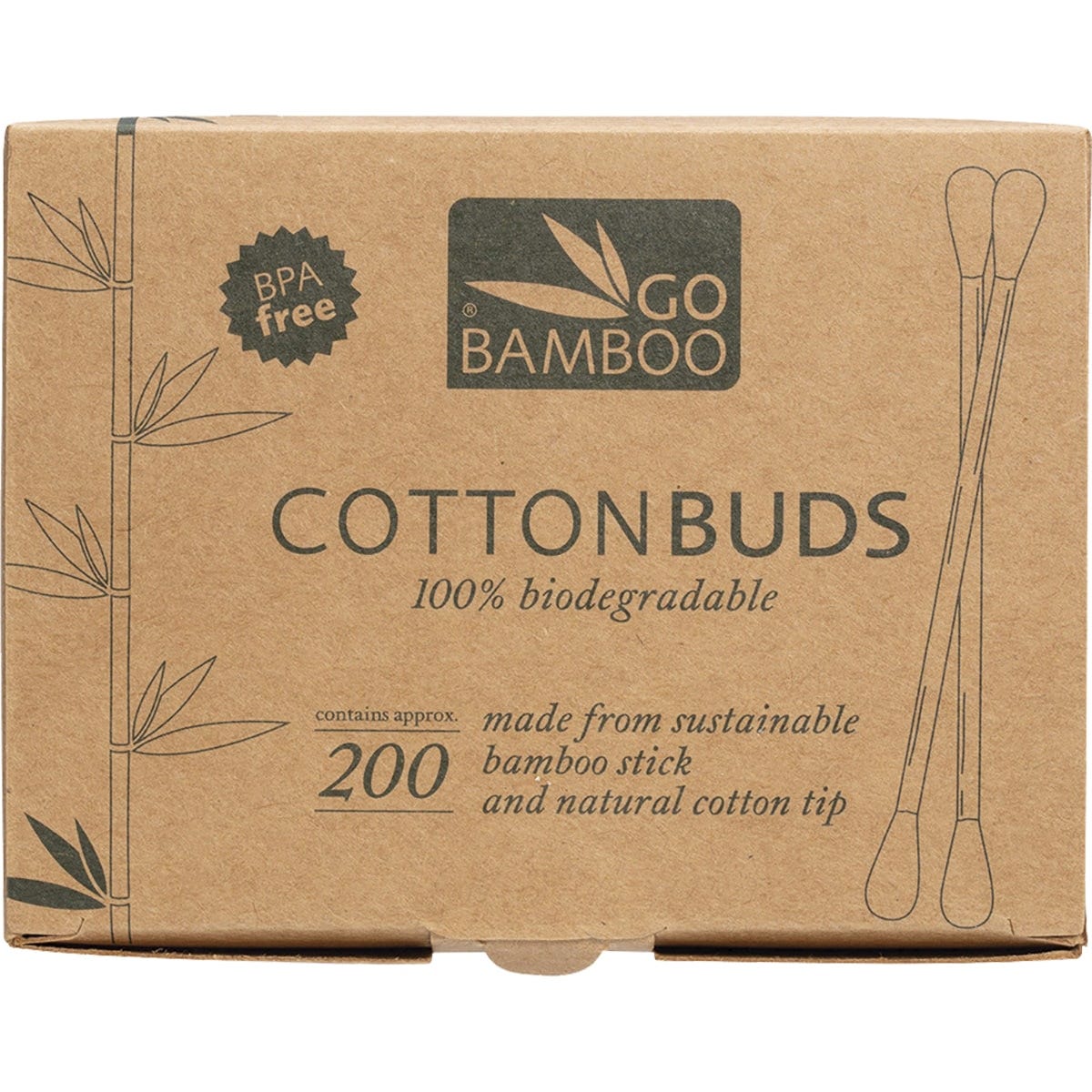 Pack of 200 Go Bamboo biodegradable cotton buds in a brown cardboard box with a panda illustration.