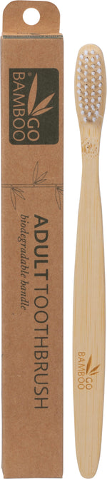 Pack of 12 Go Bamboo adult toothbrushes in a brown cardboard box with natural wood handles and soft bristles.