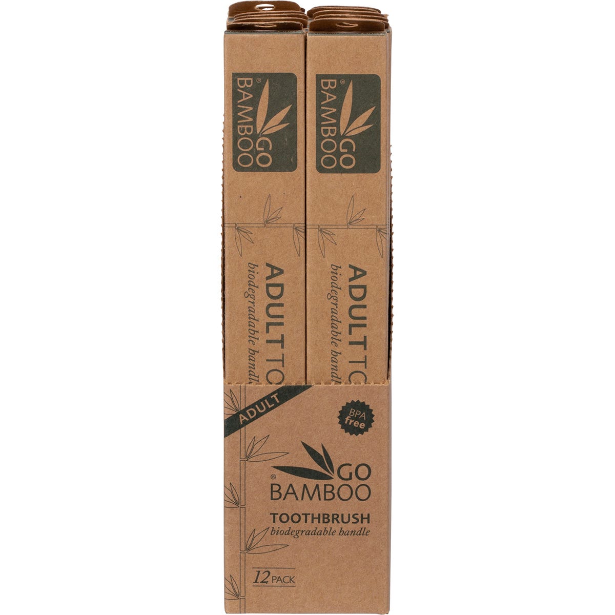 Back of a Go Bamboo adult toothbrush box with product details and a recycling guide on a white background.