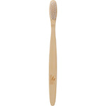 Single Go Bamboo adult toothbrush with a natural wood handle and soft white bristles on a white background.