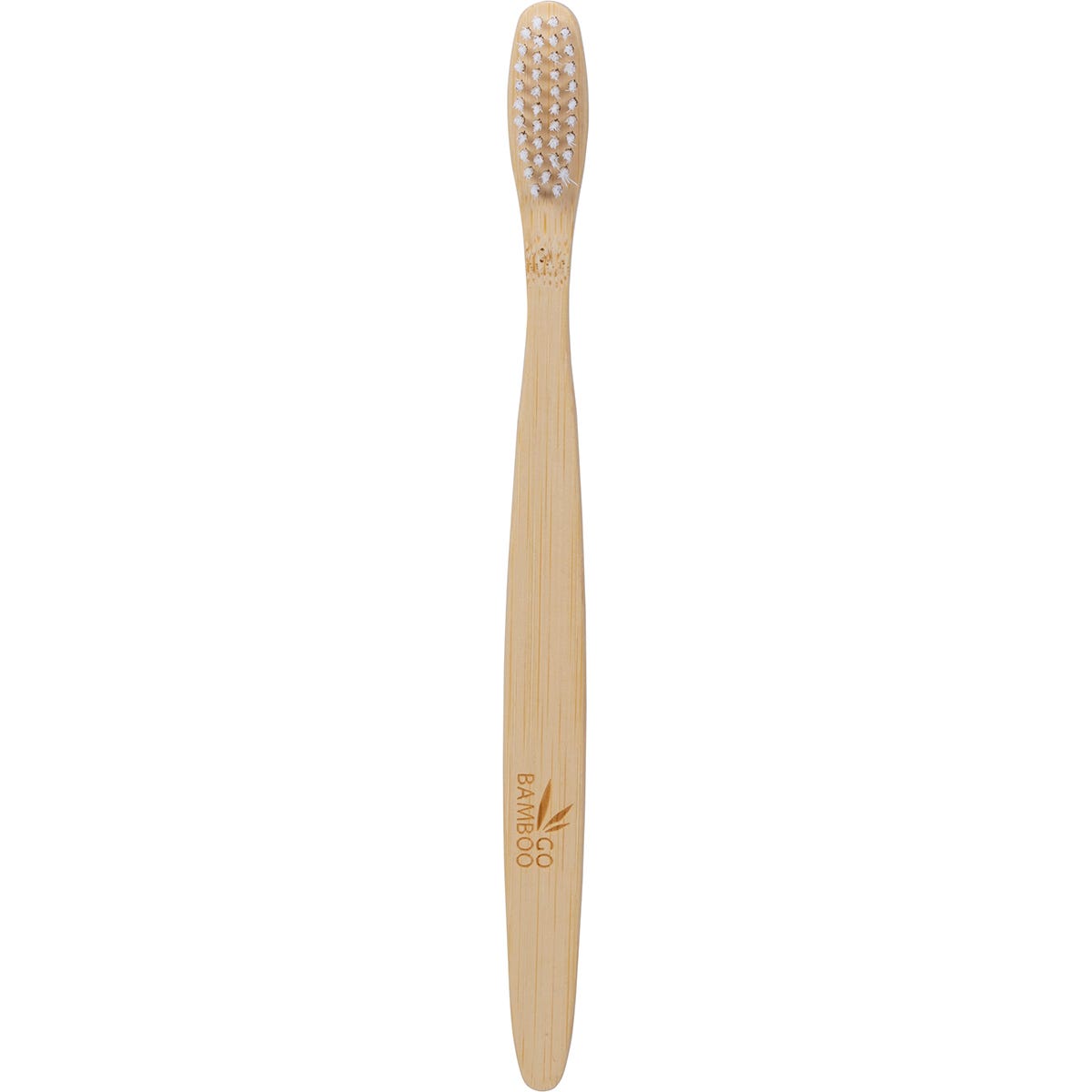 Single Go Bamboo adult toothbrush with a natural wood handle and soft white bristles on a white background.
