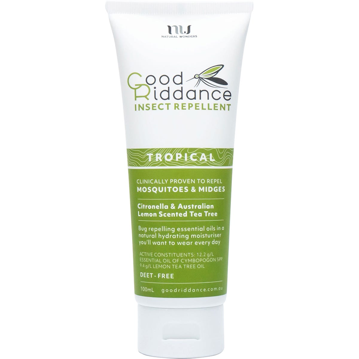 100ml tube of Good Riddance Tropical Insect Repellent with a green and white label on a white background.