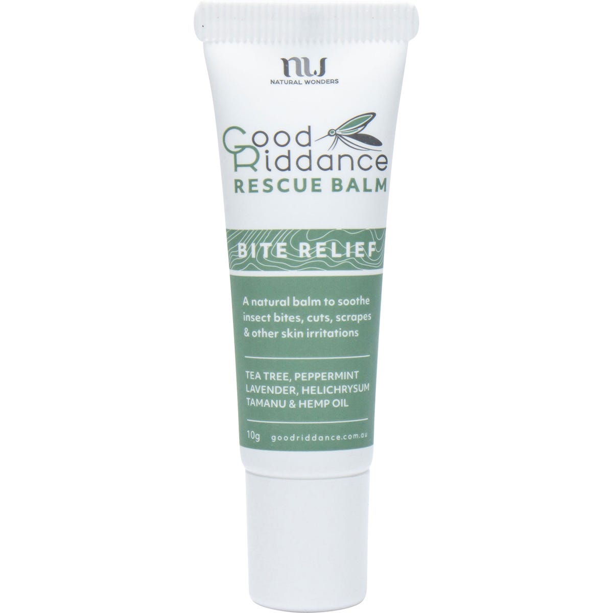 Good Riddance Rescue Balm 10g biodegradable tube for soothing insect bites, cuts, and skin irritations.