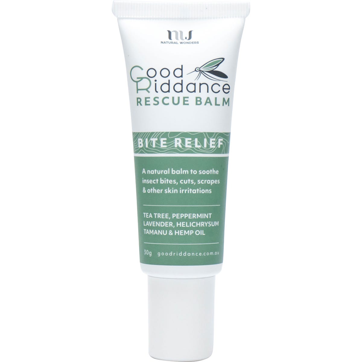 30g tube of Good Riddance Rescue Balm for insect bite relief featuring a green and white label on a white background.