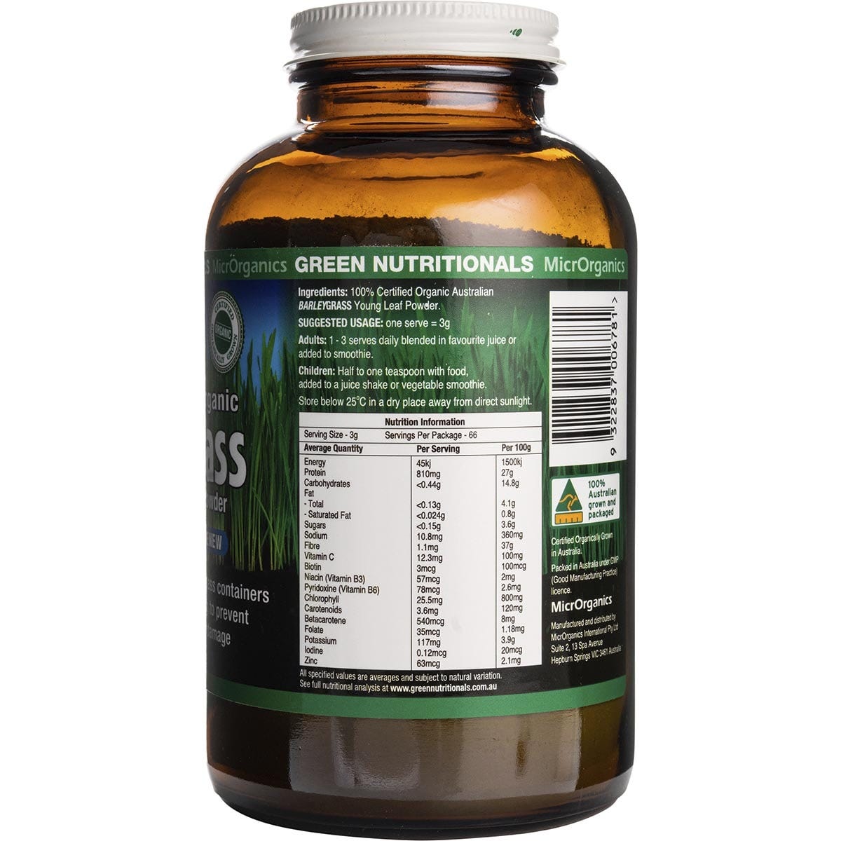 Back of Green Nutritionals 200g Barleygrass tub showing nutrition facts, ingredients, and directions.