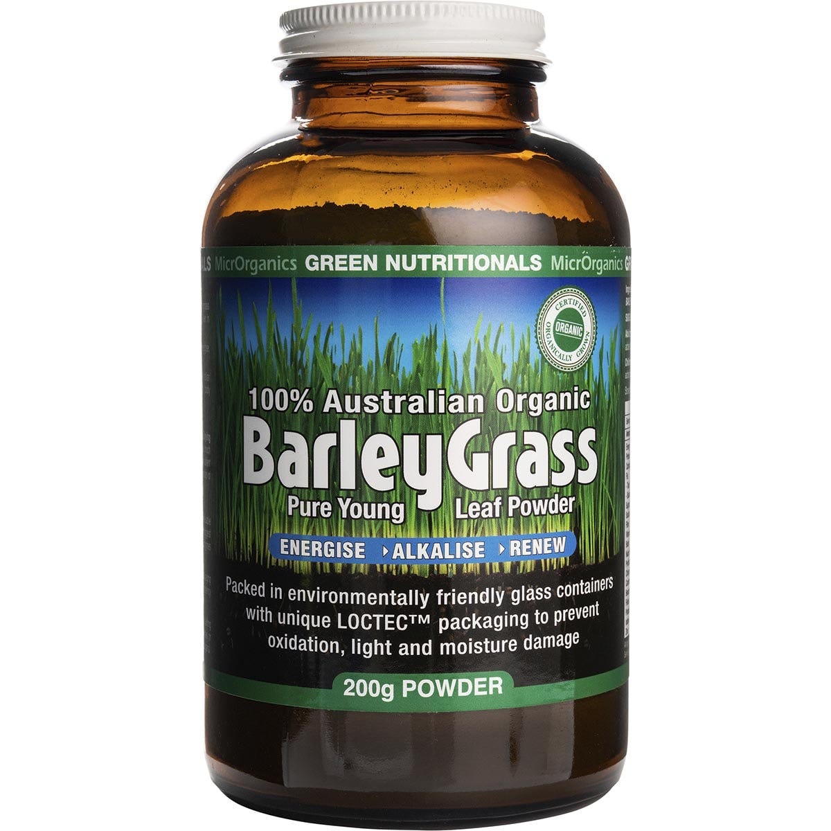 Green Nutritionals 200g tub of 100% Australian Organic Barleygrass powder.