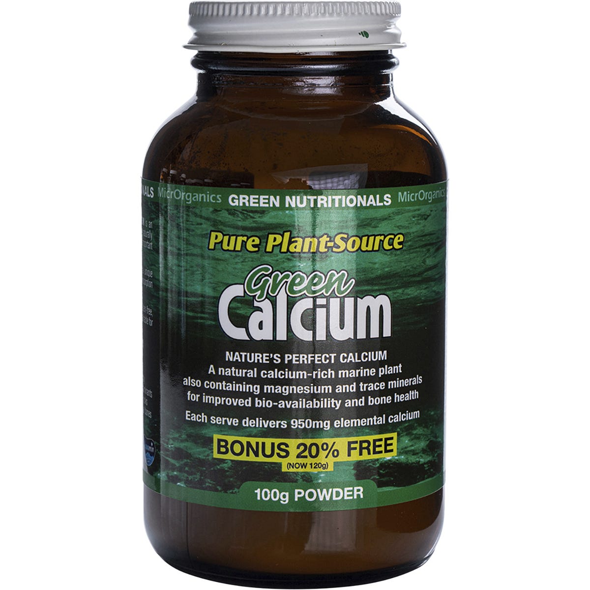 100g tub of Green Nutritionals Green Calcium Powder, a 100% plant-source calcium supplement from marine plants.