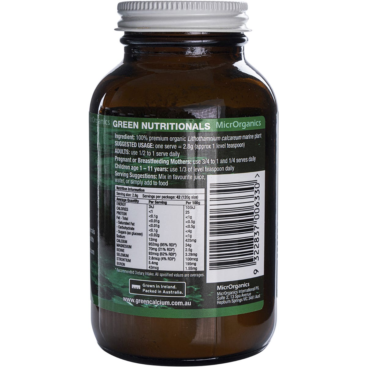 Side view of Green Nutritionals 100g Green Calcium Powder tub, a plant-source supplement rich in calcium and minerals.